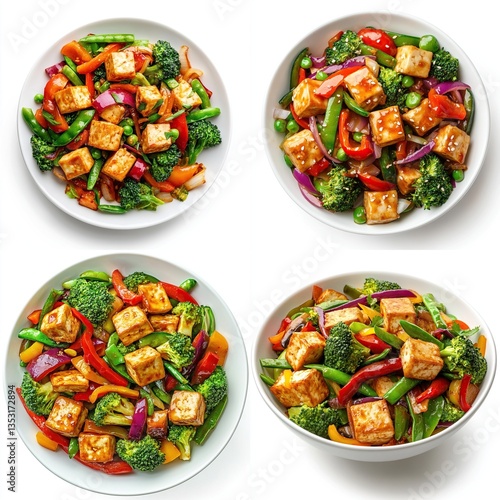 Four bowls of tofu and vegetable stir-fry.