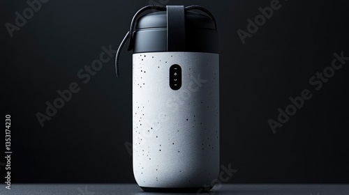 Minimalist insulated thermos bottle with a speckled white body and black lid stands on a dark surface.