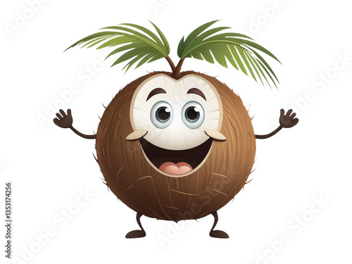 Kawaii coconut character – happy with palm leaf hair and open arms. 