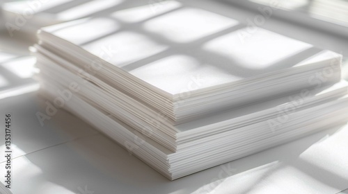 Stack of blank white paper in sunlight.