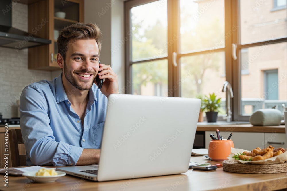 Young Caucasian Male Working from Home in a Bright Kitchen, Engaging in a Telephone Conversation While Using a Laptop with Breakfast on the Table Young Caucasian Male Working from Home in a Bright Kitchen, Engaging in a Telephone Conversation While Using a Laptop with Breakfast on the Table