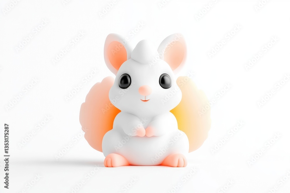Fototapeta premium Cute white squirrel toy figurine with pastel pink tail and ears isolated on a clean white background.