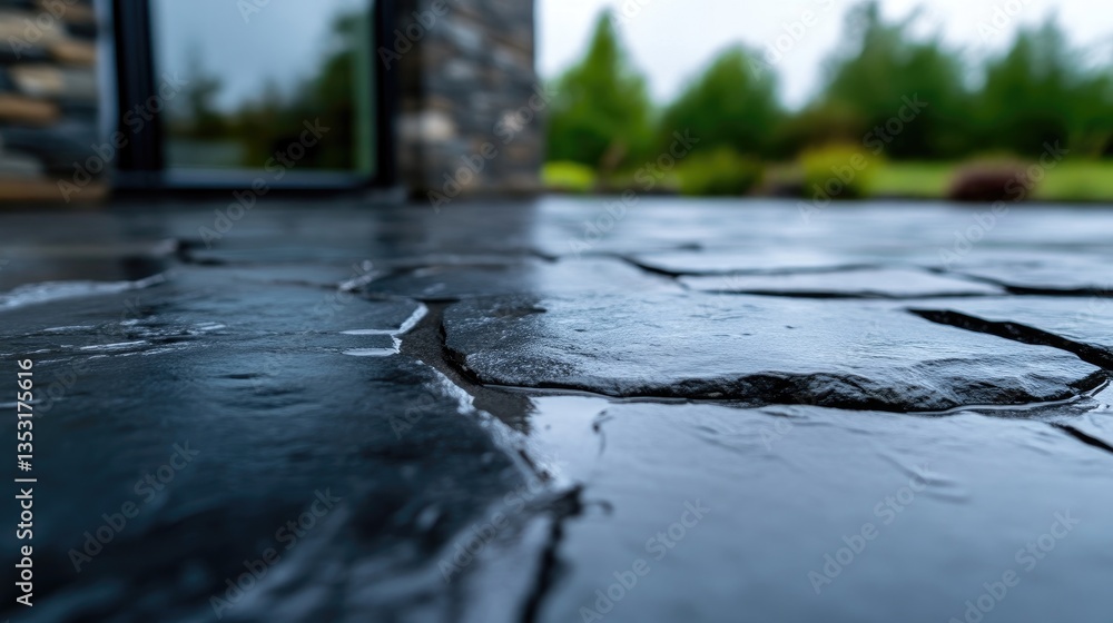 Fototapeta premium Wet black slate stone patio tiles reflecting light after rain with a blurred modern house background.