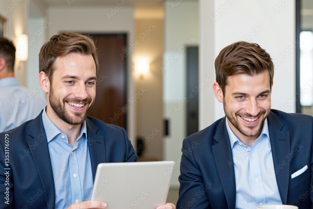 Fototapeta premium Two Young Adult Men Smiling While Working Together in a Modern Office Setting, Engaged in a Collaborative Task Using a Tablet Device
