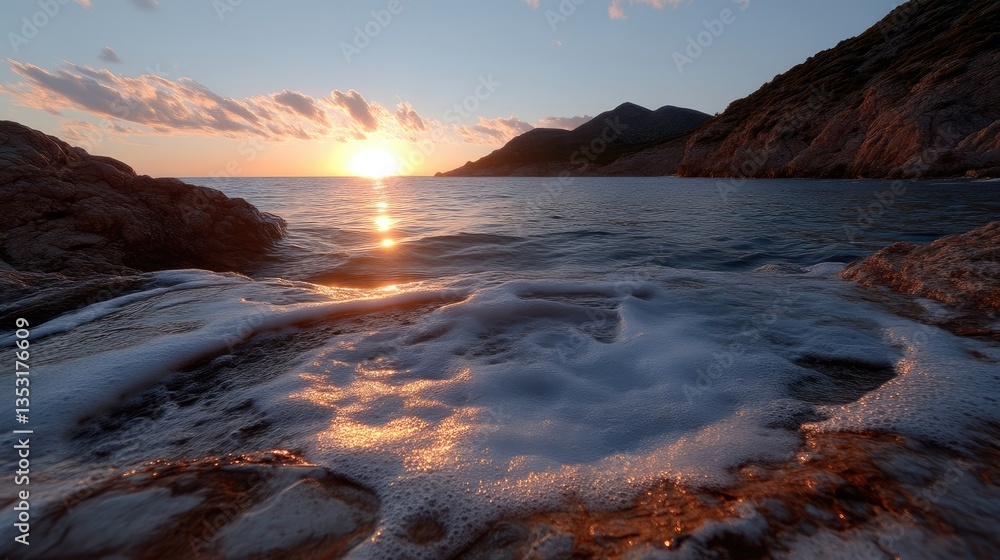 Fototapeta premium Stunning sunset over the ocean, rocky shoreline. Waves gently lapping over rocks, illuminated by golden sunlight