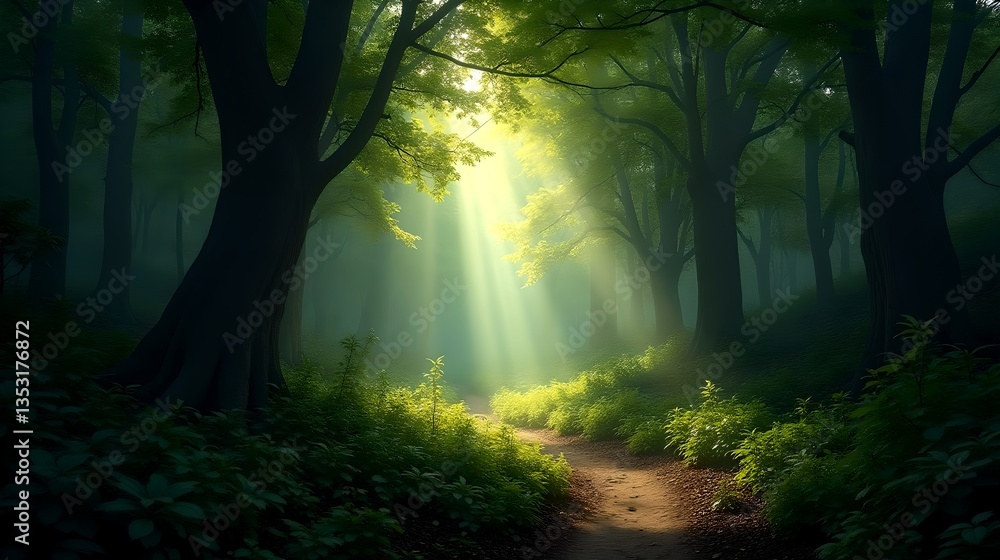 Obraz premium Sunbeams Illuminate Mystical Forest Path Lush Greenery and Foggy Atmosphere