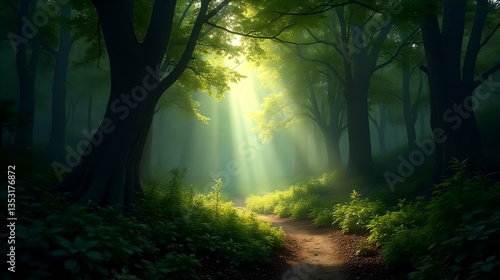 Sunbeams Illuminate Mystical Forest Path Lush Greenery and Foggy Atmosphere