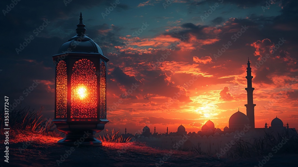 Ramadan lantern glowing at sunset with mosque silhouette.