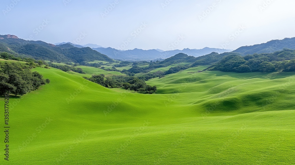Lush green valley landscape. Rolling hills, tranquil scene Lush green valley landscape. Rolling hills, tranquil scene