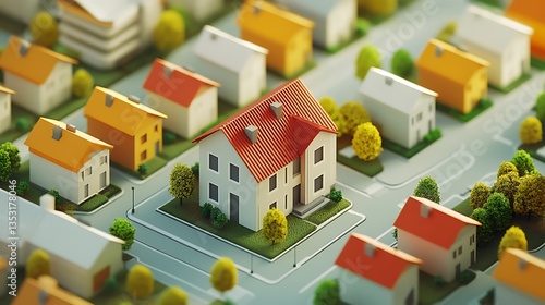 Fototapeta Naklejka Na Ścianę i Meble -  Isometric 3D model a house among other buildings, providing a bird's eye view urban residential planning