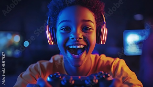 An excited child is playing video games with headphones on