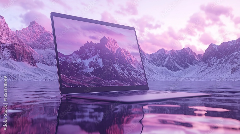 Laptop floating on serene mountain lake at sunset.