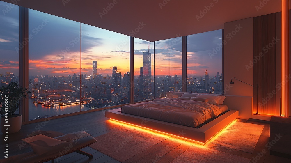 Modern bedroom with city skyline sunset view.