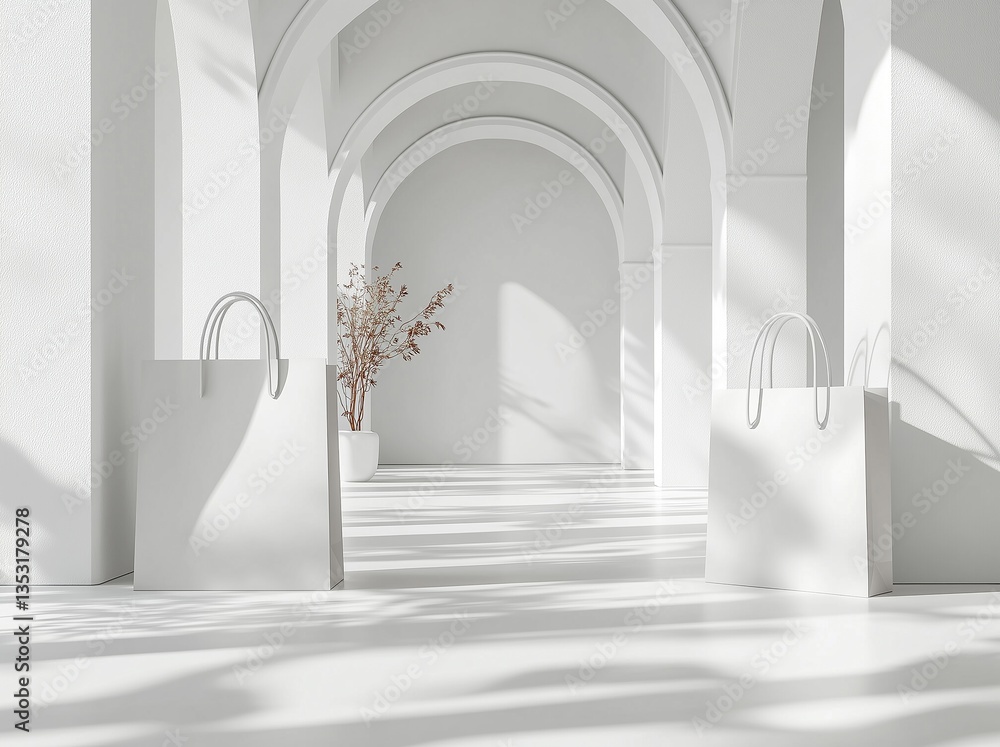 Fototapeta premium Two White Shopping Bags in Mockup Isolated, help desing mockup, Sunlit White Archway Hallway