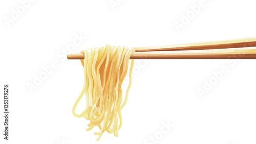 Close-up studio shot of a portion of light yellow noodles held by light brown wooden chopsticks against a pure white background. The noodles are slightly tangled and appear soft. The image is