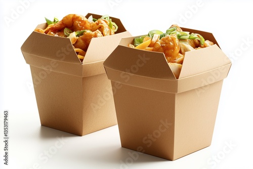 Two Cardboard Containers of Mockup Isolated, help desing mockup, Delicious Asian Shrimp Stir Fry photo