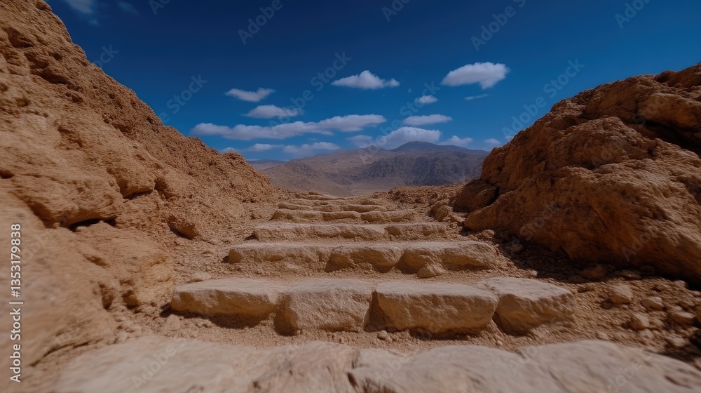 Ancient stone steps leading into a desert valley, under a clear blue sky Ancient stone steps leading into a desert valley, under a clear blue sky