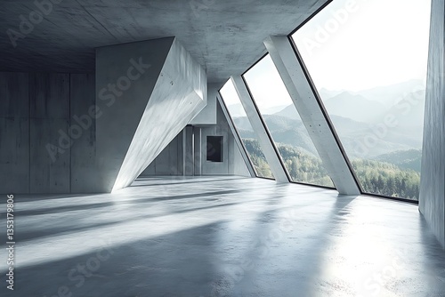 Minimalist concrete house with expansive windows and a futuristic design, showcasing how modern architecture integrates with natural light and space
