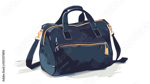 Illustration of a dark blue, cylindrical-shaped travel bag. The bag features a top handle, a long shoulder strap, and gold-colored zippers.  The style is simple and minimalist. The bag is depicted