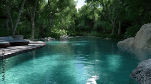 Serene pool nestled within a lush tropical forest.  Tranquil oasis with a crystal-clear pool surrounded by dense foliage and rocks.  Relaxing outdoor space