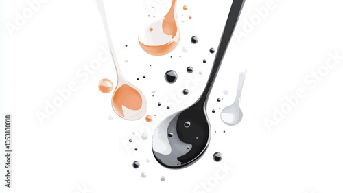 The image shows several spoons in motion against a white background.  Liquids, appearing as paint or similar viscous substances, are dripping from the spoons in black, white, and orange. The spoons