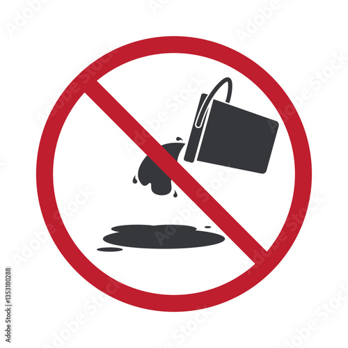 Isolated prohibition sign : spilled water in a bucket on the floor, do not spill water on floor, slippery floor with caution