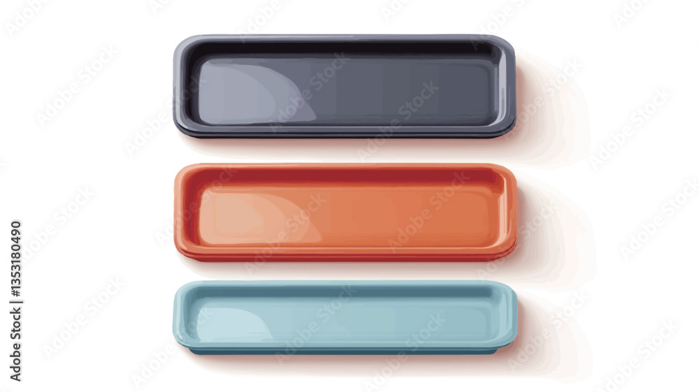 A digital image showing three rectangular trays stacked vertically against a white background. The trays are glossy and appear to be made of plastic or a similar material. The top tray is dark A digital image showing three rectangular trays stacked vertically against a white background. The trays are glossy and appear to be made of plastic or a similar material. The top tray is dark