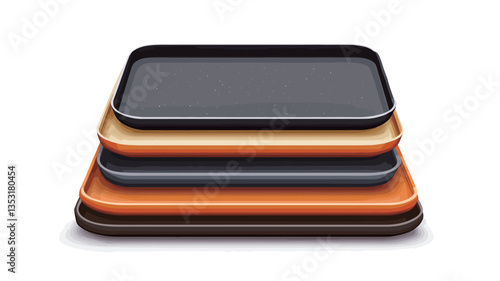 A digital rendering depicts three rectangular trays stacked on top of each other against a white background. The top tray is dark gray or black, the middle tray is gold, and the bottom tray is