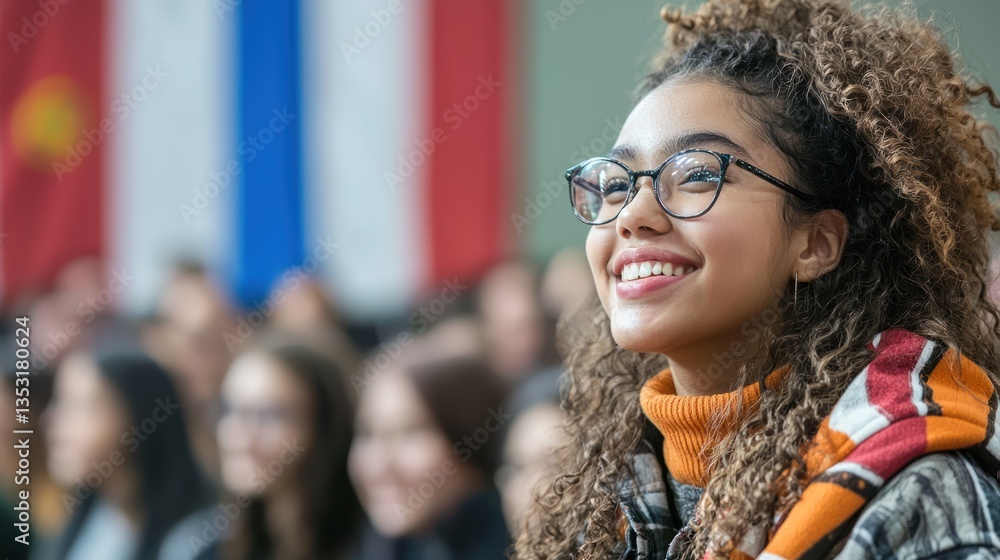 An international student enjoying a cultural exchange event with peers from around the world.