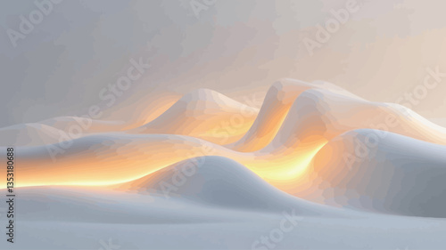 The image is a digitally created abstract landscape.  The color palette is predominantly white and off-white, with warm golden-yellow highlights emanating from within the forms. The forms are soft,