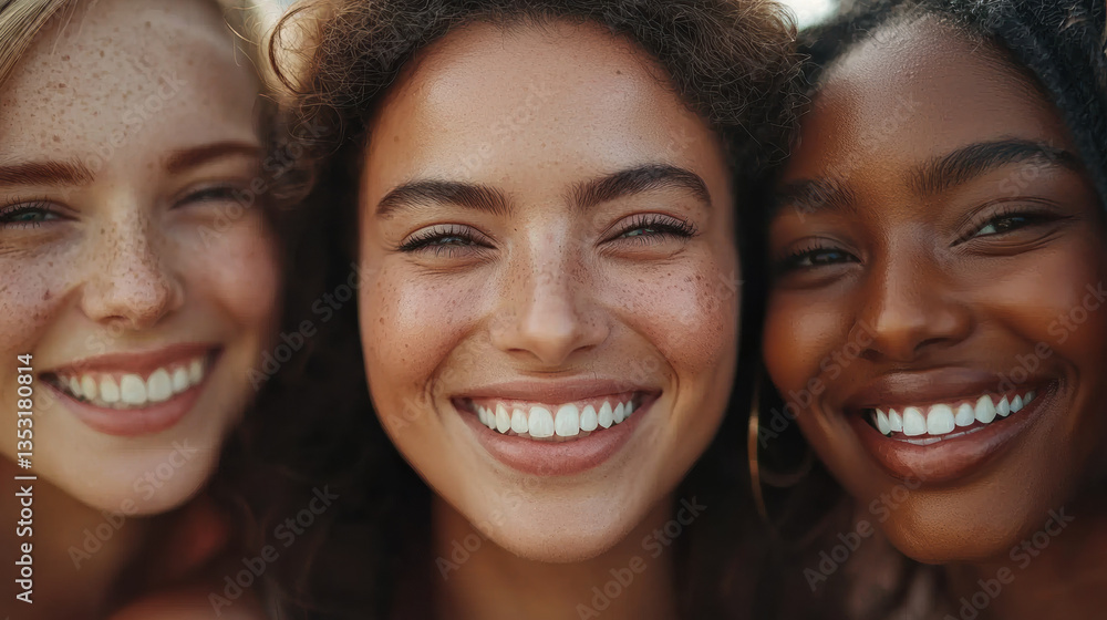 Close-up of diverse women with natural skin tones, radiant smiles, soft daylight, celebrating beauty diversity Close-up of diverse women with natural skin tones, radiant smiles, soft daylight, celebrating beauty diversity
