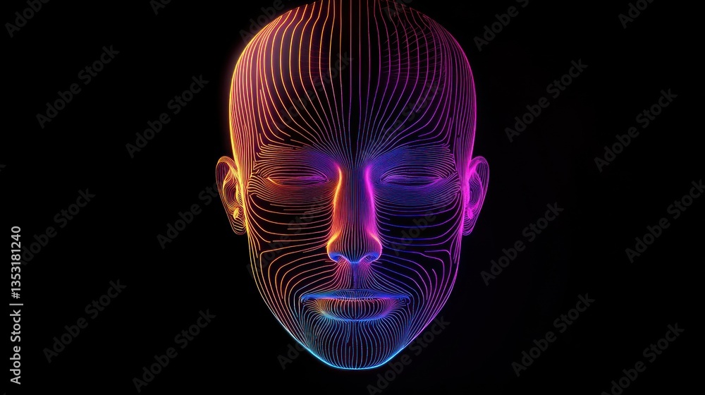 Naklejka premium Abstract digital human face, glowing lines, dark background, neural network visualization