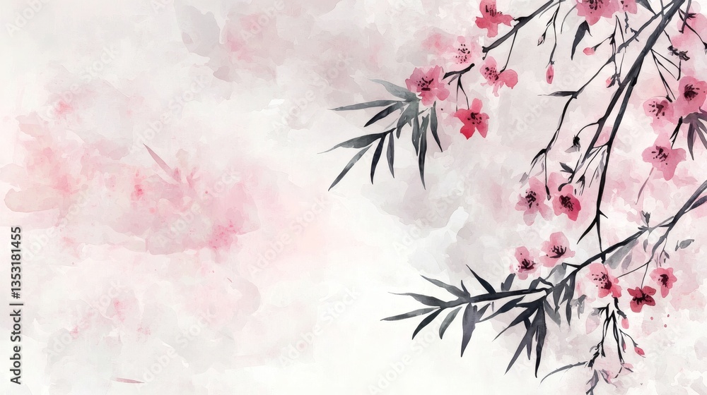 Delicate Pink Cherry Blossom Branch on Soft Watercolor Background Delicate Pink Cherry Blossom Branch on Soft Watercolor Background