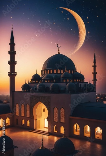 Majestic mosque glowing under the crescent moon, symbolizing Eid al-Fitr’s peaceful celebration photo