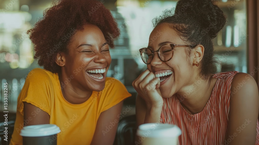 Friends interacting and laughing together at a café.