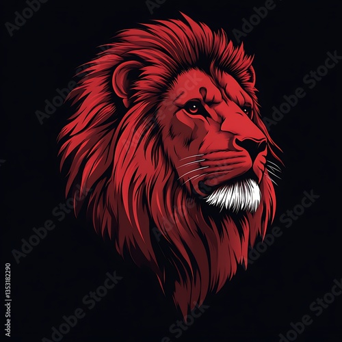 Red lion head profile, dark background, vector art, t-shirt design