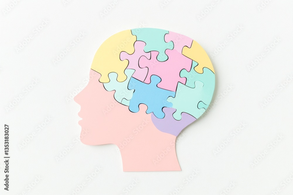 Pastel puzzle pieces forming a head silhouette. Pastel puzzle pieces forming a head silhouette.