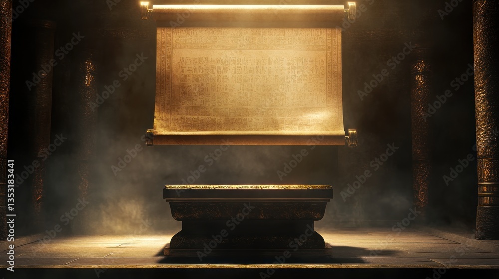 A podium with an ancient scroll floating above it A podium with an ancient scroll floating above it