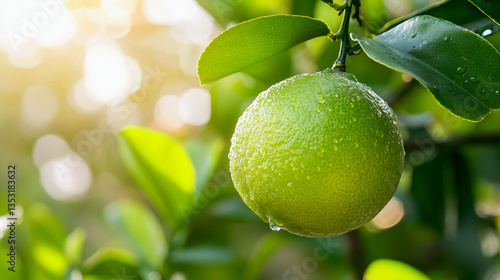 Single green lime hanging on tree branch in sunlight with blurred natural background.