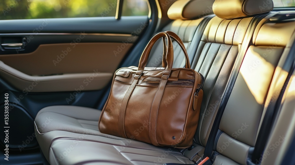 The backseat of a car with spacious legroom and a travel bag placed on the seat.