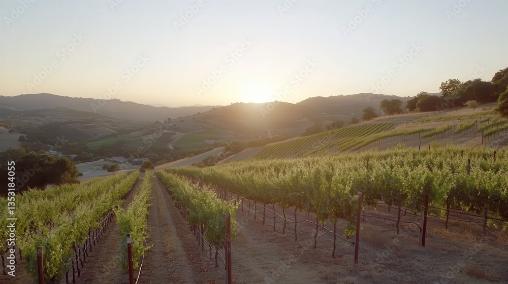 Fototapeta premium Golden Sunset over California Wine Country Vineyard.