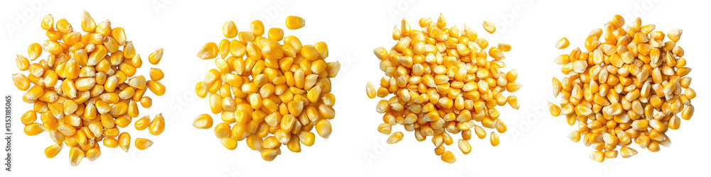 Four small piles of harvested maize kernels, yellow grains perfect for popcorn or food preparation Four small piles of harvested maize kernels, yellow grains perfect for popcorn or food preparation