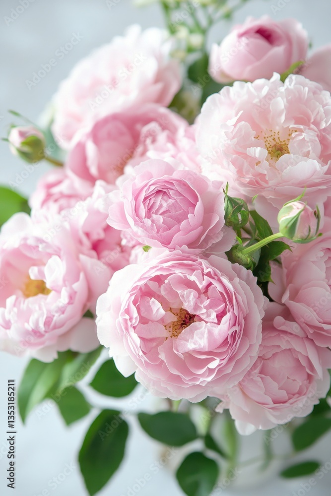 Beautiful arrangement of delicate pink roses with green leaves and buds Beautiful arrangement of delicate pink roses with green leaves and buds