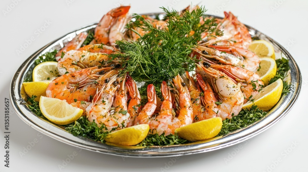 A delicious grilled shrimp platter served with fresh lemon wedges and herbs A delicious grilled shrimp platter served with fresh lemon wedges and herbs