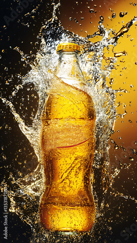 Graphic design, soda advertisement, yellow Fanta soda bottle splashing water, highlighting the main body of the soda bottle, creating a refreshing feeling
