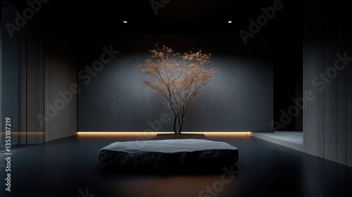 Dark, minimalist interior design, zen-like aesthetic