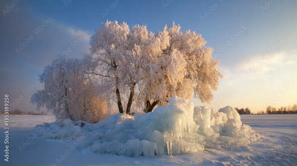 A breathtaking ice fortress glowing under the soft light of the winter sun