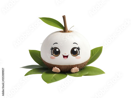 Kawaii coconut character – white shell sitting on green leaves. 