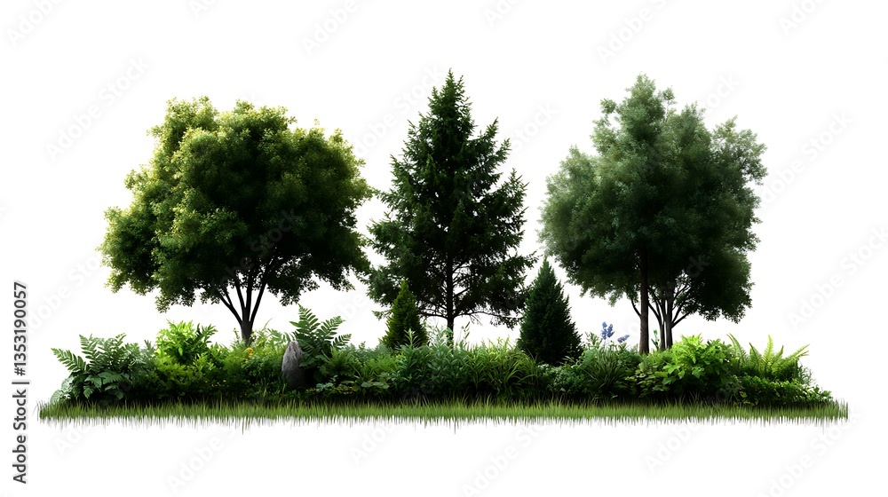 Obraz premium Lush Garden Island 3D Rendered Trees Plants.