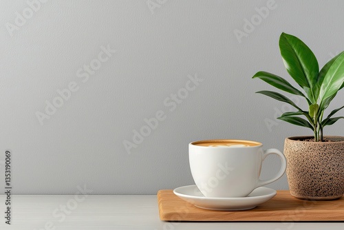 Wallpaper Mural A white cup of coffee sits on a saucer beside green leaves and a plant in a pot on a wooden table. Torontodigital.ca
